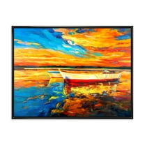 Designart 'Red and White Boats By The Pier At A VIbrant Sunset' Nautical & Coastal Framed Canvas Wall Art Print