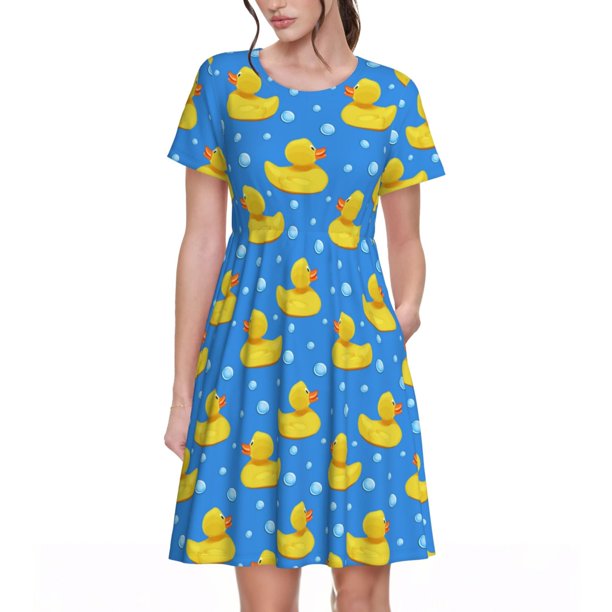 Balery Cute Yellow Rubber Ducks Vestidos sueltos de manga corta para mujer, vestidos de verano 2025, vestidos casuales de corte A con vuelo.