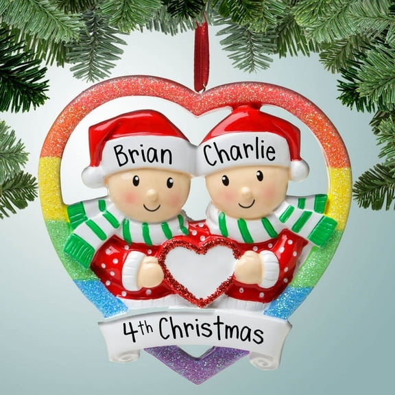 Personalized Same Sex couple with Rainbow Heart Christmas Ornament