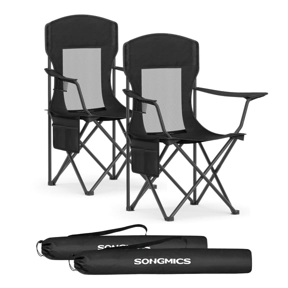 Camping Chairs, Outdoor Chairs Set of 2, Foldable Sports Chairs, High Back, Adjustable Armrests, Drink Holder, Weight Capacity 330 lb, Garden Backyard, Black