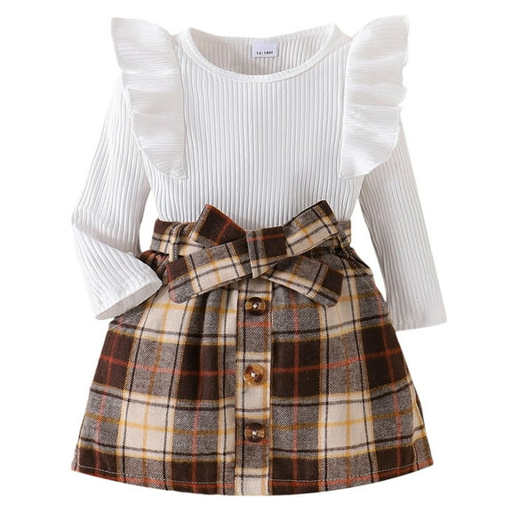 newwalpole Toddler Girl Fall Winter Clothes Cute Puff Sleeve Top Plaid Mini Skirt Girls A-line Dress White for Size 3-4 Years