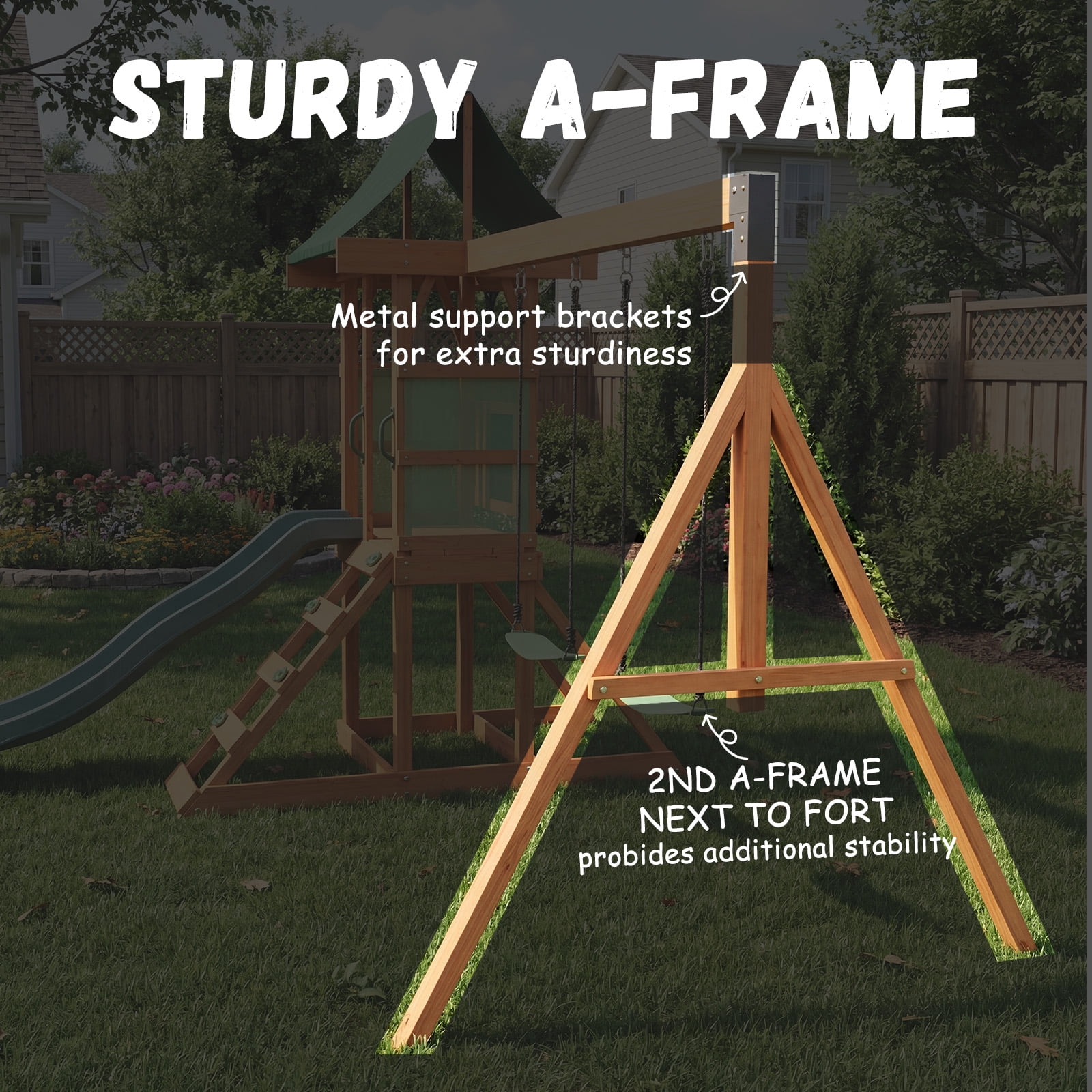 Clouddwell Wooden Swing Set for Backyard Playground Swingset with Slide Kid Outdoor Play Set with Play Deck, Rock Wall Ladder, Belt Swings, Chalkboard