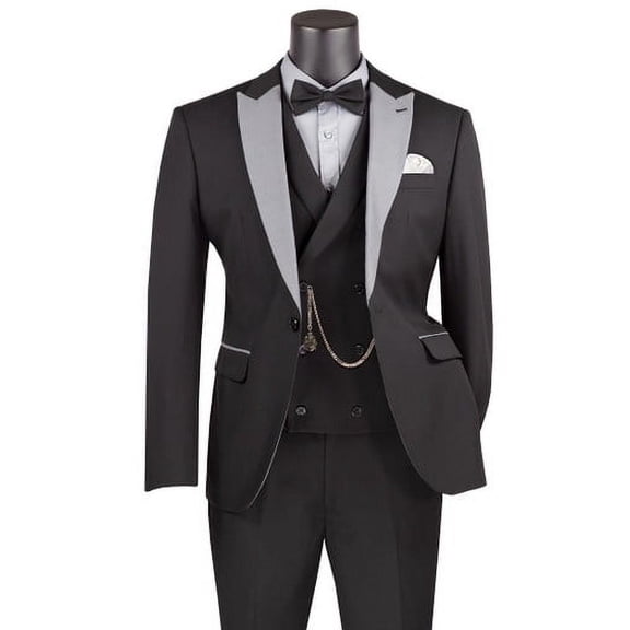 Vinci Men's Slim Fit Prom Suit Black Fancy Vest Bowtie Set SV2K-5