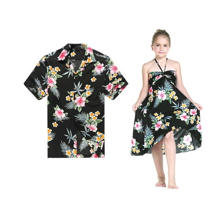Matching Father Daughter Hawaiian Luau Cruise Outfit Shirt Dress Hibiscus Black Men 2XL Girl 10