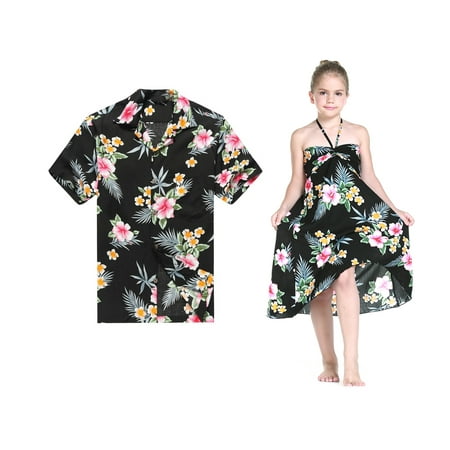 1980s Hawaiian Shirt Matching Father Daughter Hawaiian Luau Cruise Outfit Shirt Dress Hibiscus Black Men 2XL Girl 10 ()