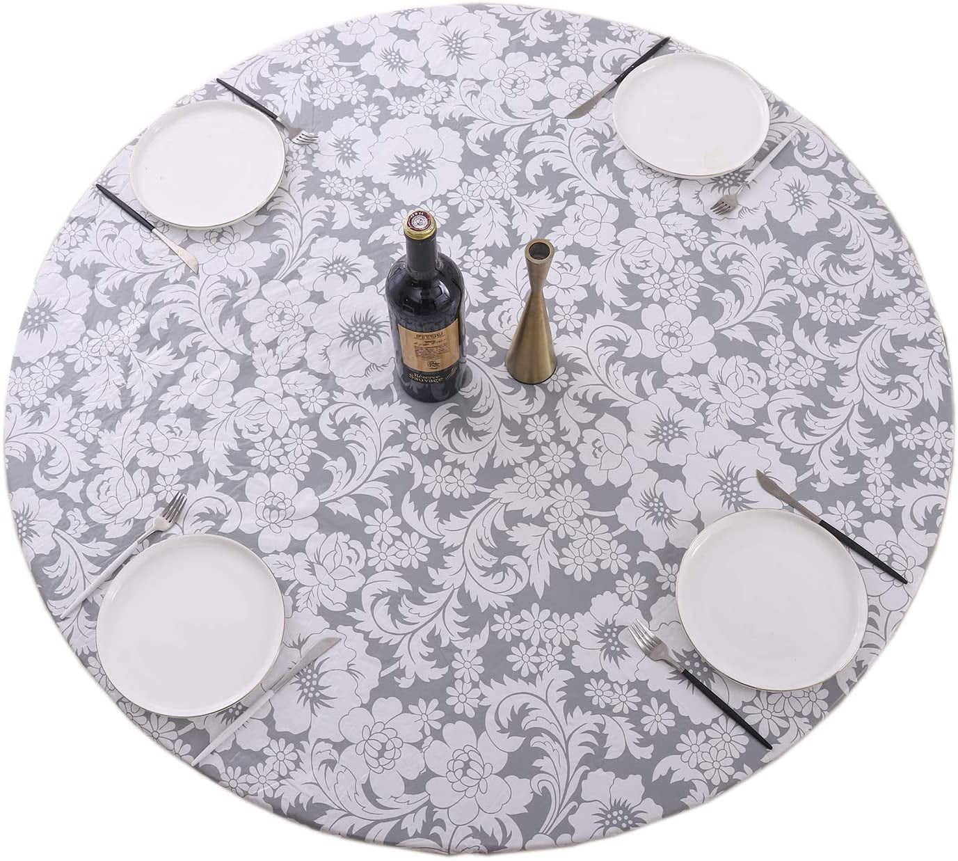 Round Vinyl Fitted Tablecloth W/ Flannel Backing Elastic Table Cover Waterproof 