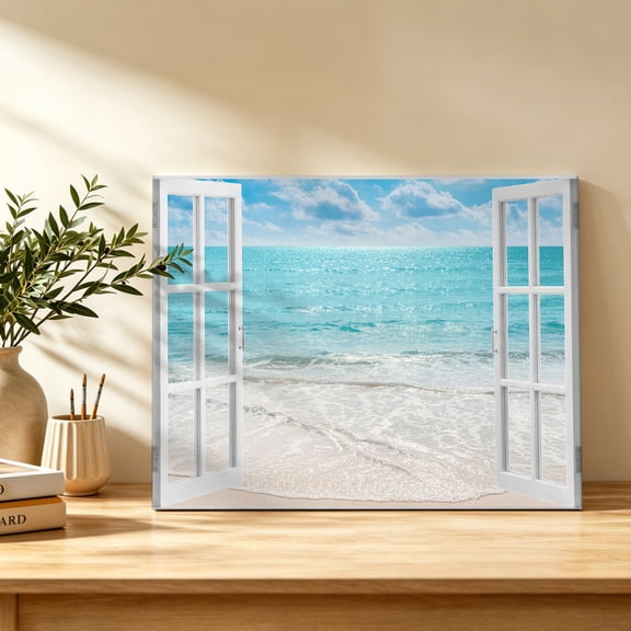 Window View Canvas Wall Art, Summer Coastal Sky Blue Ocean White Waves Sandy Beach Wall Art Prints Artwork Framed Canvas Ready to Hang Art Pictures for Bathroom Bedroom Entry Desk Corner 10" x 8"