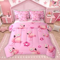 Homewish Cartoon Cute Flamingo Bedding Comforter Set 7pcs, Watercolor Cherry Blossoms King Bedding Sets, Teens Kids Boys Girls Reversible Bed Sheets, Super Cozy Room Decor