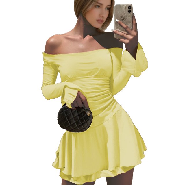 WILLBEST Vestidos Cortos Para Mujer Vestido Mini Fruncido Con Hombros Descubiertos Para Mujer Vestido Corto Ajustado Belleza De Manga Larga Con Volantes En Capas Y Fluido Para Otoño 299