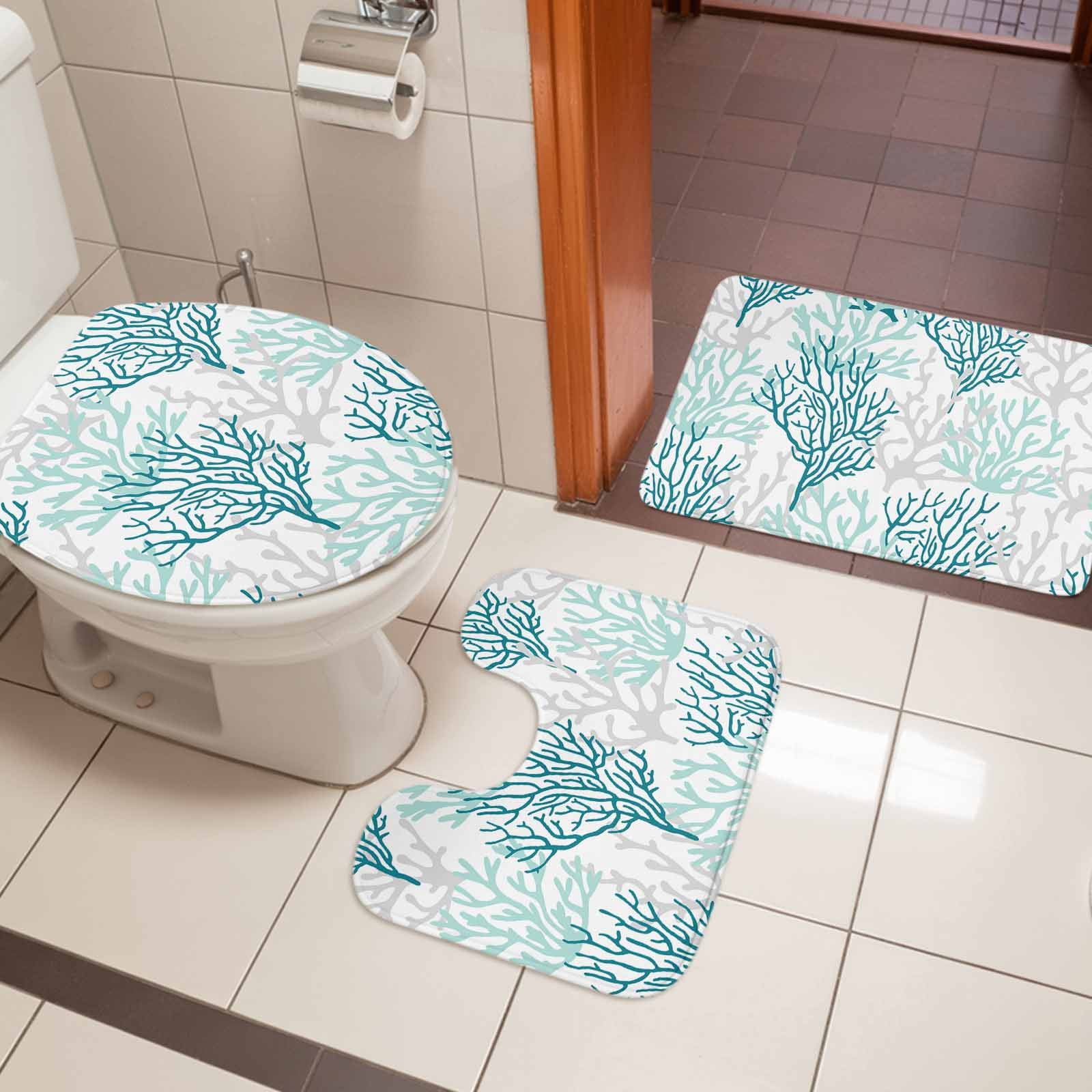 Teal Grey Coral Coastal Bath Mat 3 Piece Bathroom Rug Set, Summer Beach Seaside Nautical Non Slip Bath Rug Contour Mat and Toilet Lid Cover, Absorbent Shower Mats Soft Bath Rugs and Mats Sets