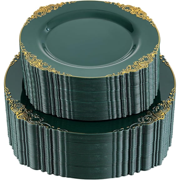 102-Piece Green and Gold Disposable Plastic Dinner and Dessert Plates – Vintage-Style Round Plates with Gold-Toned Rims, 7.5 Inch and 10.25 Inch, Reusable or Disposable