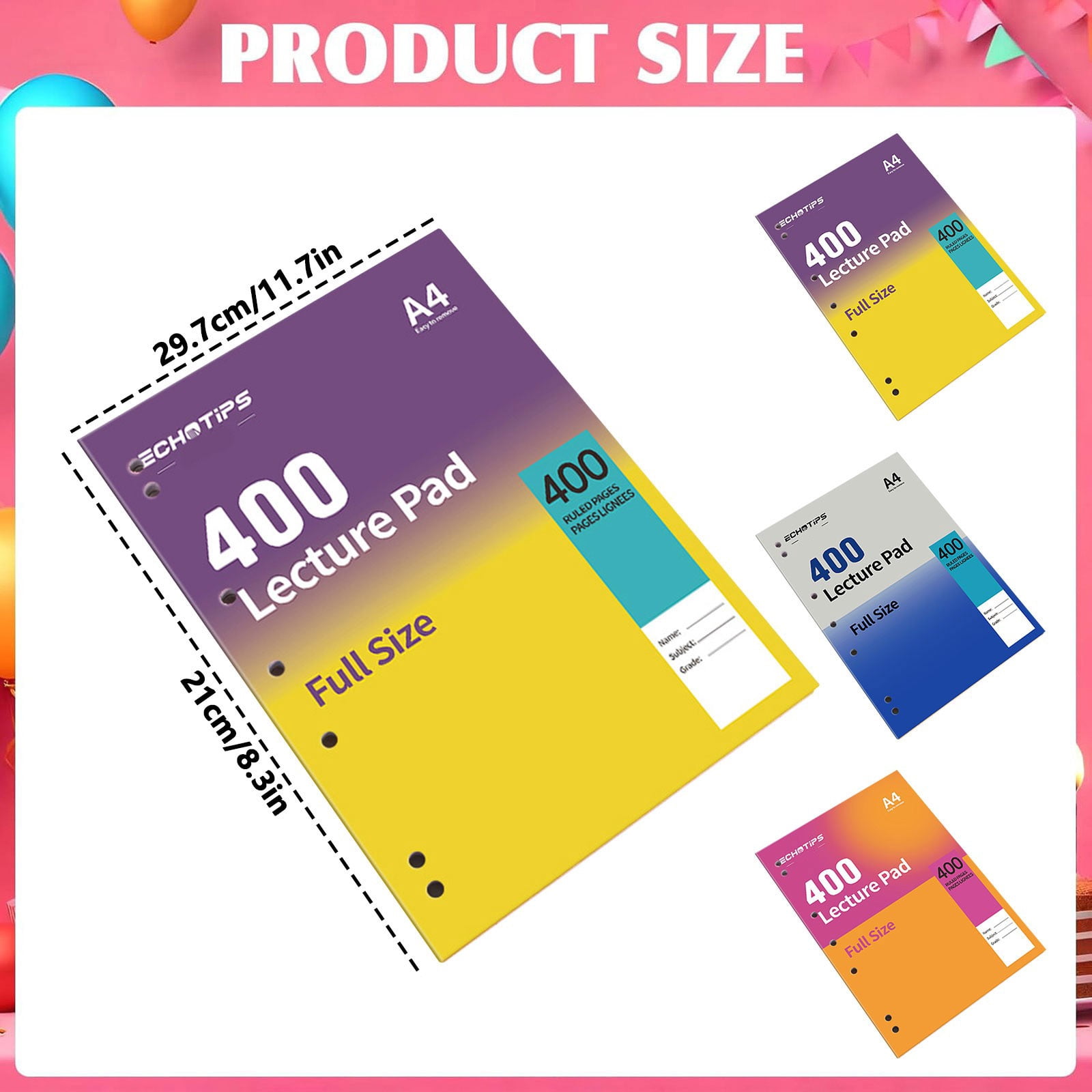 VKLU Yellow Purple 400 Pages Lecture Pad, A4 Lightweight Ruled Paper for Binders, 6-Hole Punched Academic Notebook with Perforated Sheets, 180 Flat Lay Stationery