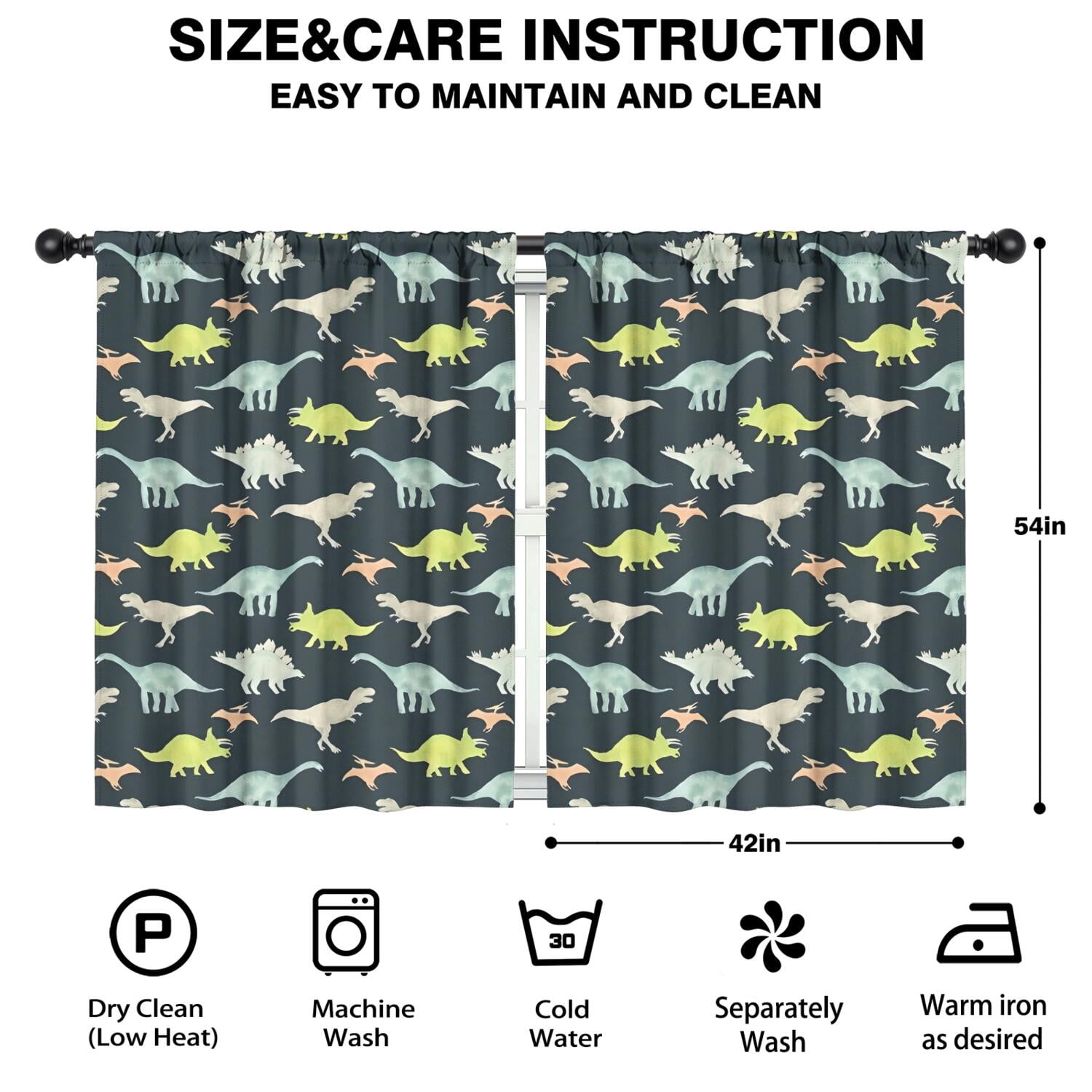 Blackout Kids Curtains,Dark Watercolor Dinosaur Pattern Childrens Insulated Curtains Set Of 2,Bedroom Essentials,Toddler Room Decor 42"x54"