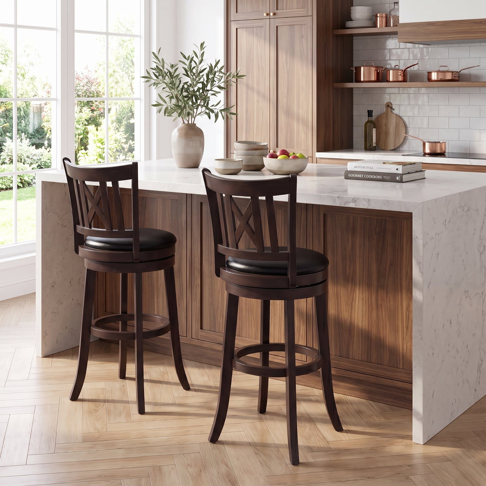 Furnibear Set of 2 Bar Stools Swivel Bar Chairs with Hollowed Backrest and Footrest-30 inches for Kitchen Island Counter Bar Pub Dining Home, Taupe