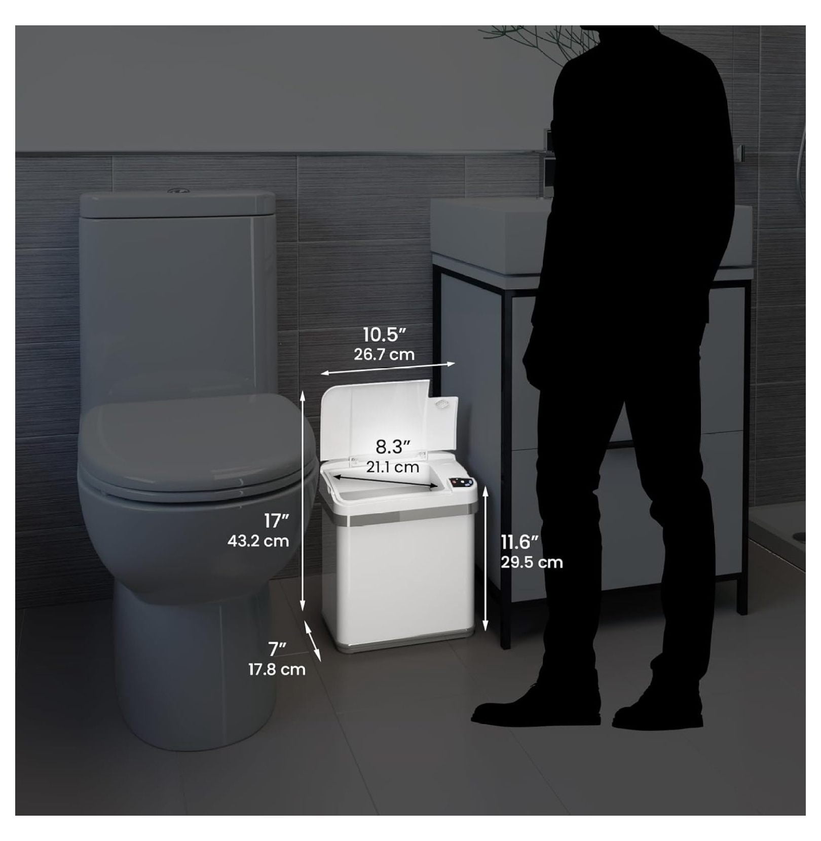 2.5 Gallon Sensor Bathroom Trash Can with Odor Filter and Fragrance Home Office 9.5L White Wastebasket Rectangular Stainless Steel Automatic Small Sensor Garbage Bin with Lid.