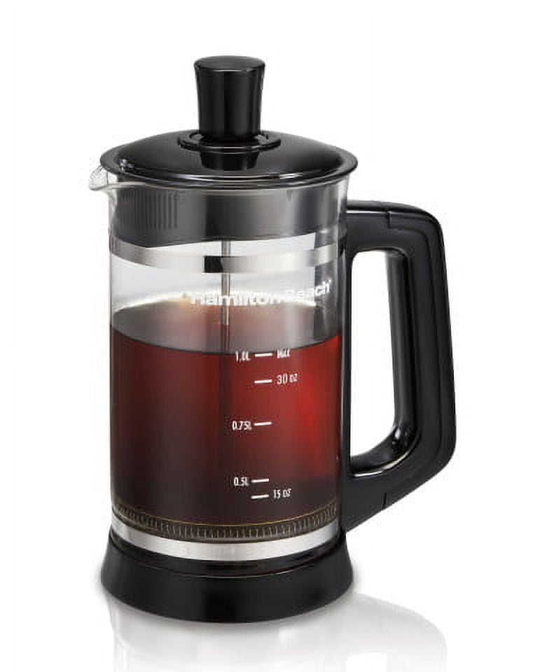 Hamilton Beach French Press with Cocoa Attachment, Glass Carafe, 1 Liter, Black, Model 40400R