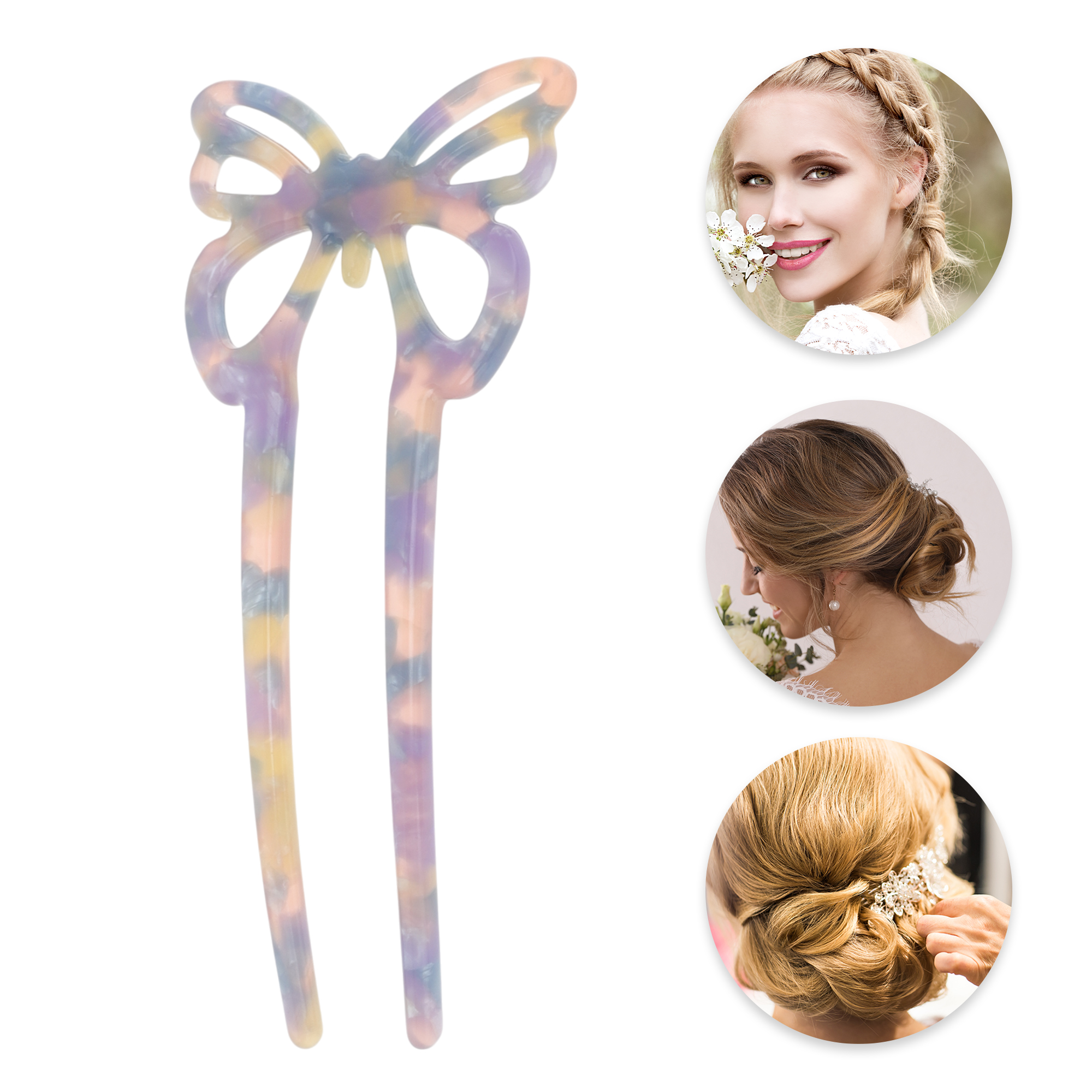 Unique Bargains Butterfly Hair Stick Fork Pins for Women 1 Pc Purple, Pink