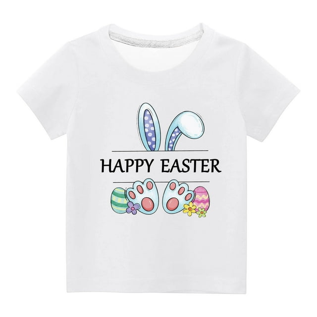 Penkiiy T-Shirts de Pâques pour Enfants Garçons Filles Mode Oreilles de Lapin de Pâques Œufs de Pâques Imprimé Col Rond Manches Courtes 7 Ans Blanc