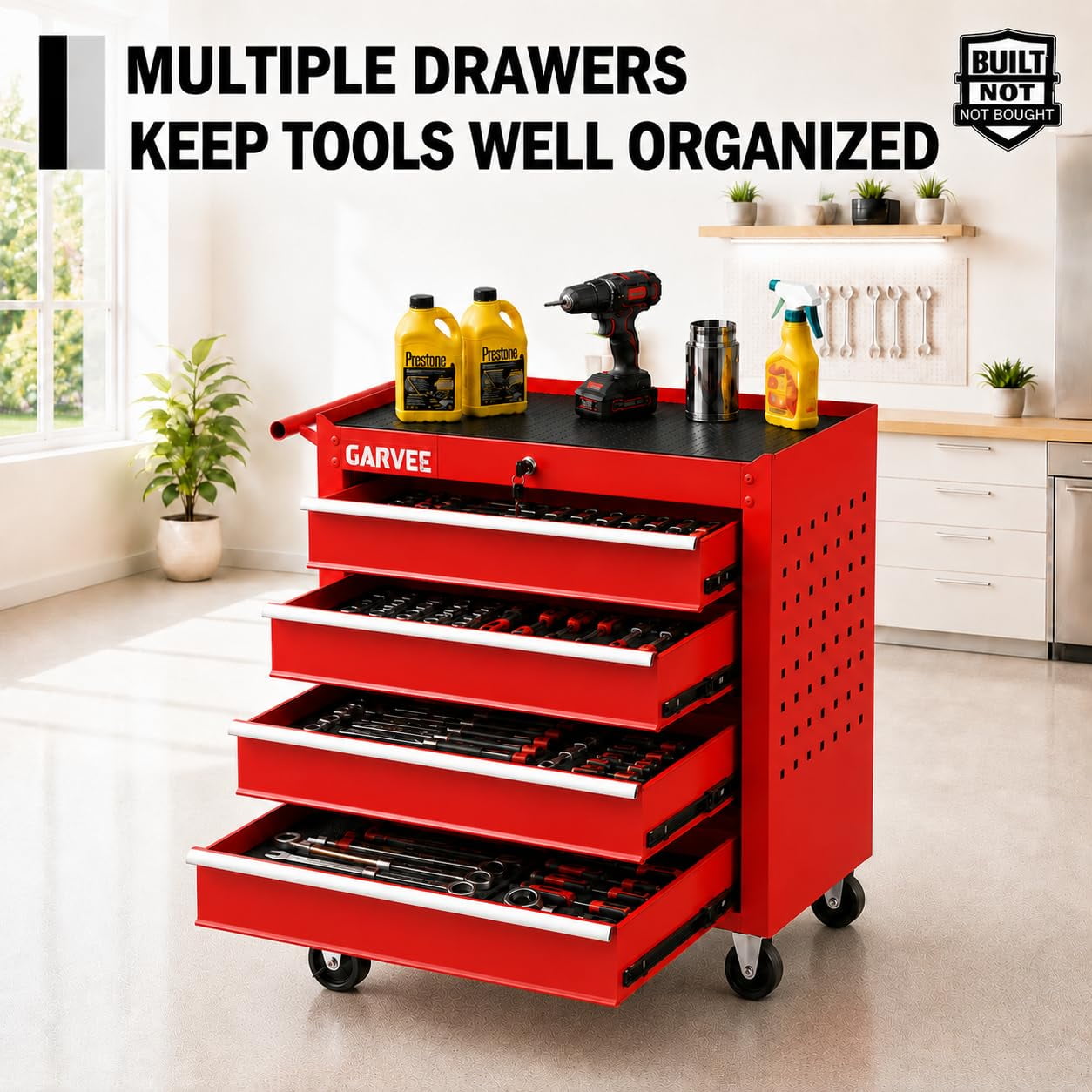 Rolling Tool Chest & Cart with Wheels, 24 in 4-Drawer Locking Steel Tool Storage Cabinet - Locking Lid - Drawer Liners - Secure Locking System - for Garage, Workshop & Auto Shop - Red
