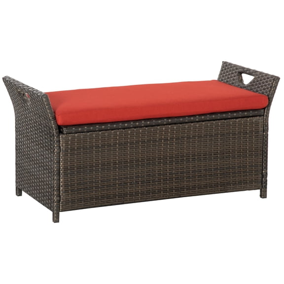 Outdoor Wicker Storage Bench with Cushion, 29 Gallon PE Rattan Patio Deck Box Seat, 2-Person Patio Bench with Hinged Lid and Handles for Garden Porch Balcony Poolside Storage, Brown with Red Cushion