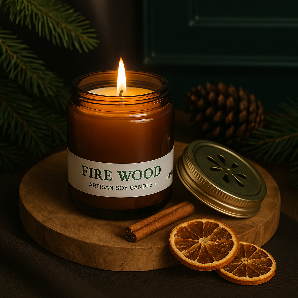 Nature Skin Shop Firewood Soy Candle – Clean-Burning Wood Wick Candle with Smoky Cedar & Amber Notes – 8 oz Jar – Cozy Modern Home Fragrance