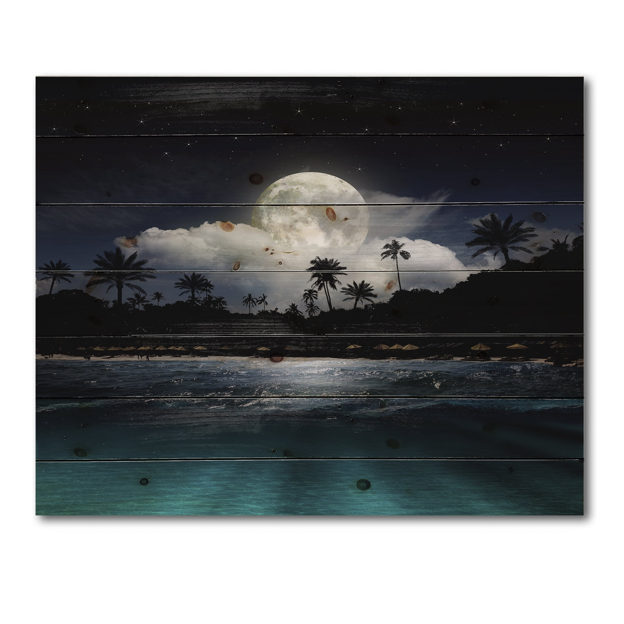 Designart 'Green Beach Under Tropical Full Moon' Modern Print on Natural Pine Wood