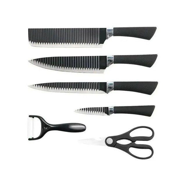 juego de cuchillos zepter de acero inoxidable de 6 piezas con pelador de cerámica Juego de cocina en vista frontal: cuatro cuchillos alineados (carnicero, chef, pan y pelador de 3.5 pulg.), pelador de cerámica negro y tijeras de cocina negras; hojas de acero inoxidable con patrón acanalado y mangos ergonómicos antideslizantes negros, apto para cortar, rebanar y picar en la cocina; también suele usarse para preparar alimentos en reuniones familiares.