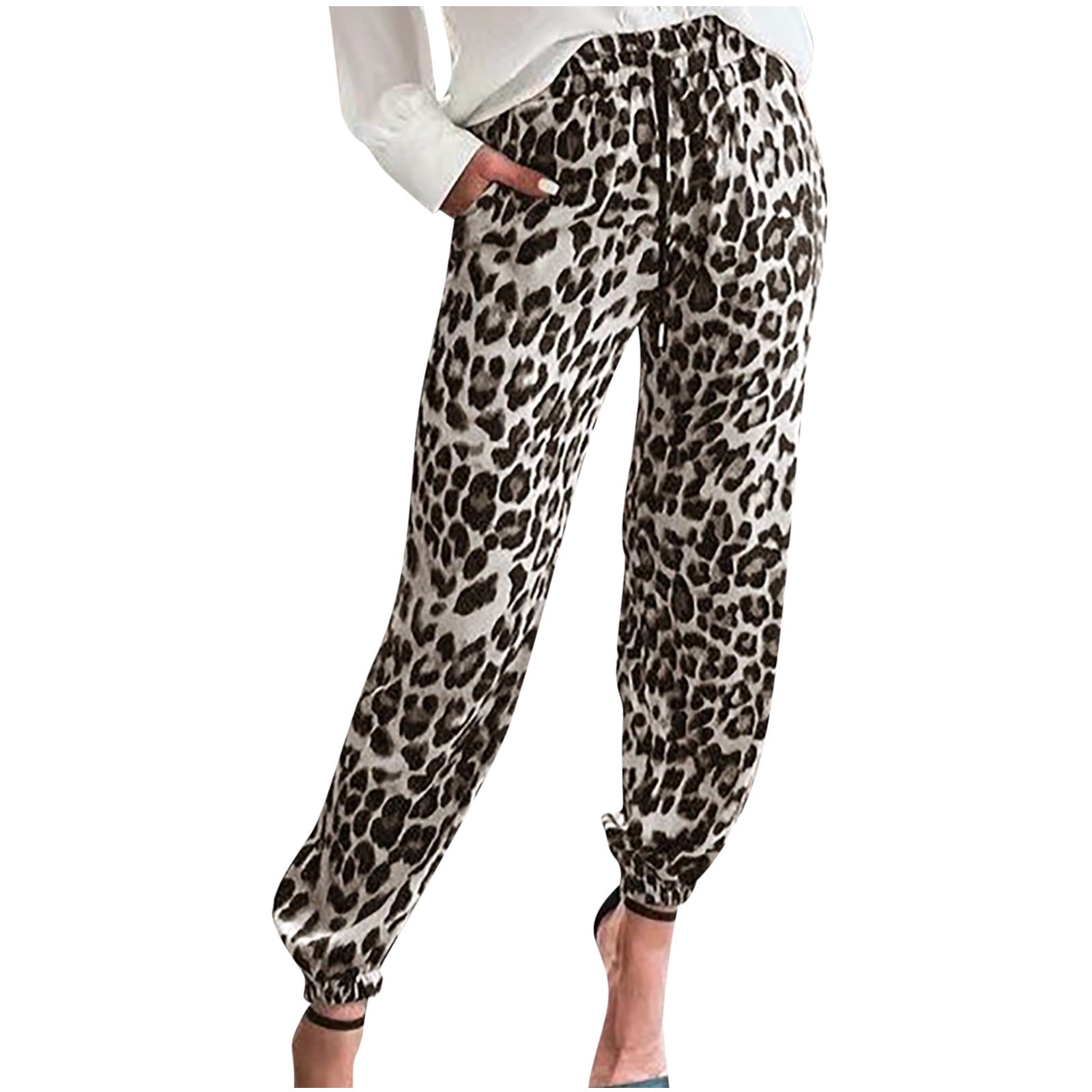 Symoid Womens Casual Pants- Comfy Summer Leopard Printed Full Length Trousers Pants Stretch Casual Red XL, Women's