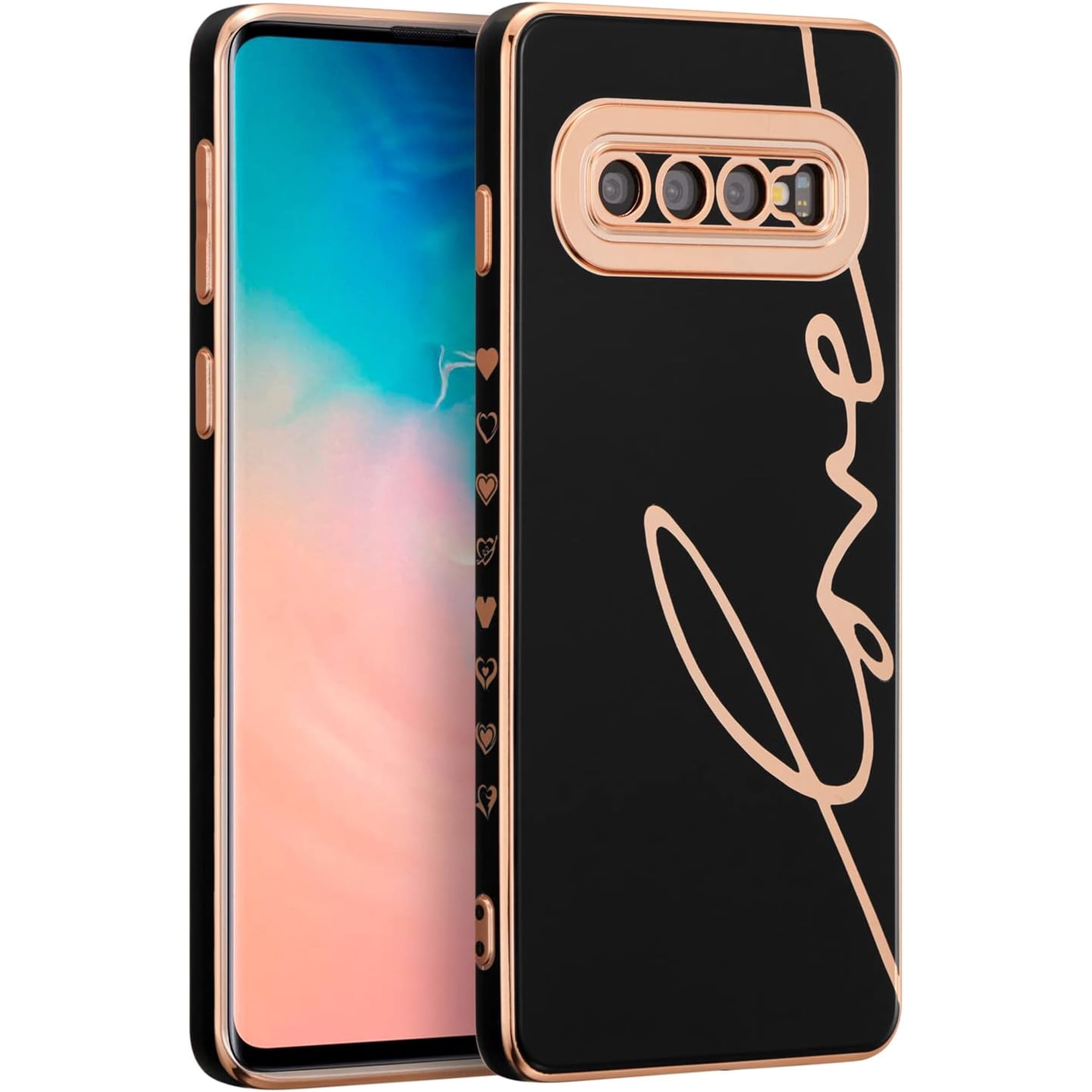 for Samsung Galaxy S10 Case Luxury Plating Case Cover,Cute Love Heart Phone Case,Slim Soft TPU Shockproof Bumper Case with Full Camera Protection,Electroplated Case for Women Girls,Black