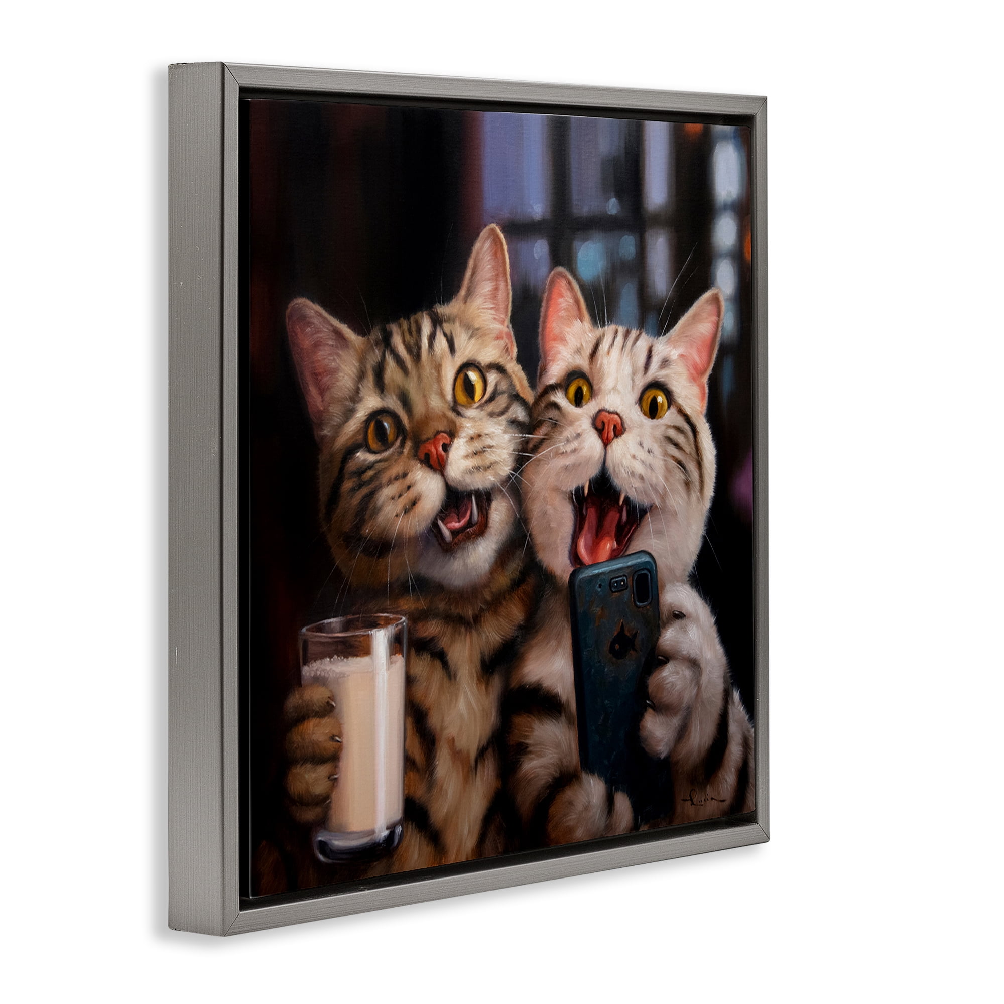 Stupell Industries Happy Selfie Cats Animals Painting Gray Floater Framed Canvas Art Print Wall Art, 18 x 18