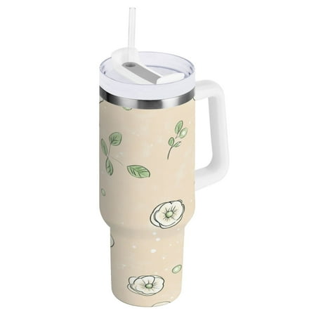 

Stainless Steel Tumbler with Straw and Handle Double Wall Insulated Tumblers Light Green Leaves Pattern