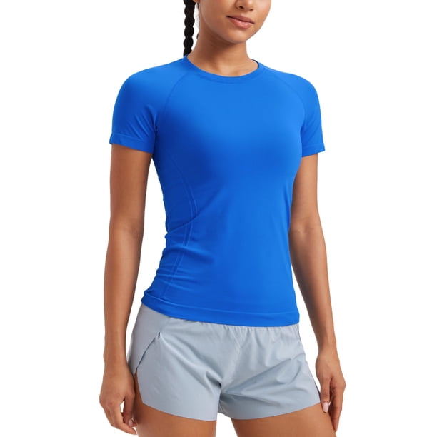 Remera CRZ YOGA sin costuras, transpirable, manga corta, azul, talla M