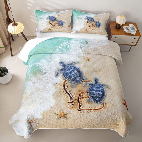 Manfei Beach Sea Turtle Twin Quilt Set for Boys and Girls, Romantic Coastal Print Twin Coverlet Set, 2 Pieces
