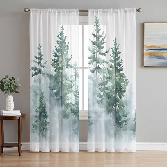 Forest Green Ombre Sheer Curtains 72 Inch Length 2 Panels Set, Watercolor Sage Green Trees Voile Window Treatment Rod Pocket Curtains Sheers Drapes for Bedroom/Living Room/Kitchen 52"x72"x2