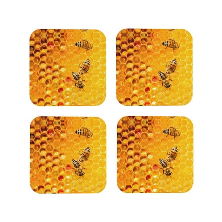 

Leather Coasters with Heat-resistant for Drinks Bees on Hive Honeycomb Cup Coasters Cup Pad Mat for Tabletop Protection Coffee Table Office Desk and Housewarming Gift
