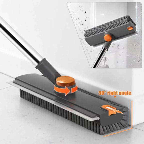 Scrub Brush with Long Handle, Floor Scrub Brush Squeegee Broom for Cleaning, 3 in 1 Shower Scrubber Floor Broom Squeegee for Concrete Tile Wall Deck Patio Grey