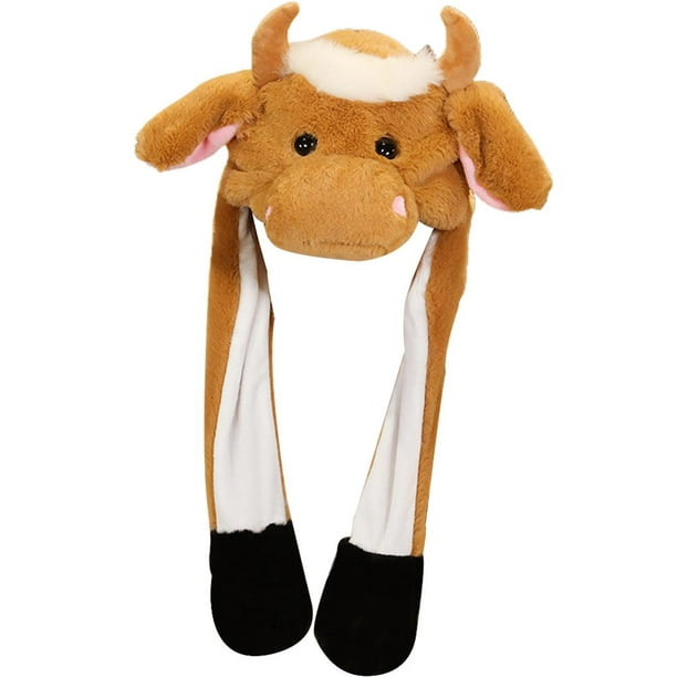 Wrea Cute Animal Hat with Moving Ears Cartoon Milk Cow Earflap Cap Plush Hat  Photo Props for Women Girls 