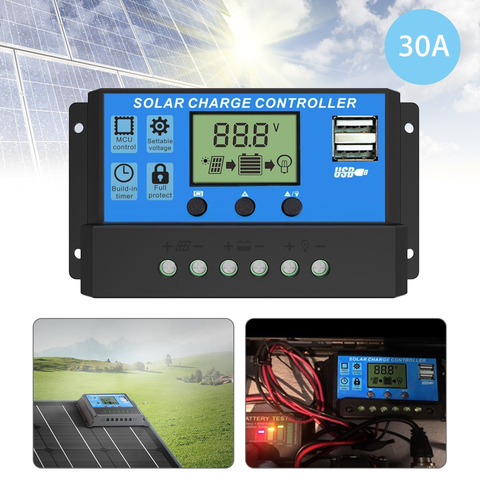 30A Solar Charge Controller 12V/24V Auto Solar Panel Battery Controller 30Amp PWM Solar Regulator with Dual USB LCD fit for Small Solar System 
