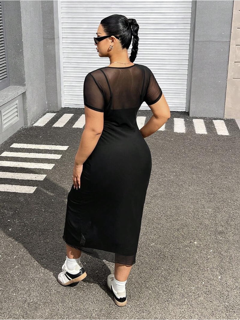 black mesh dress short sleeve Women's Mesh Cover Up Short Sleeve Mini Dress