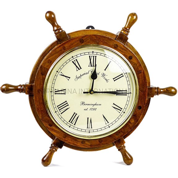 16" Wooden Ship Wheel (8" Clock) - (Yellow Roman Dial)