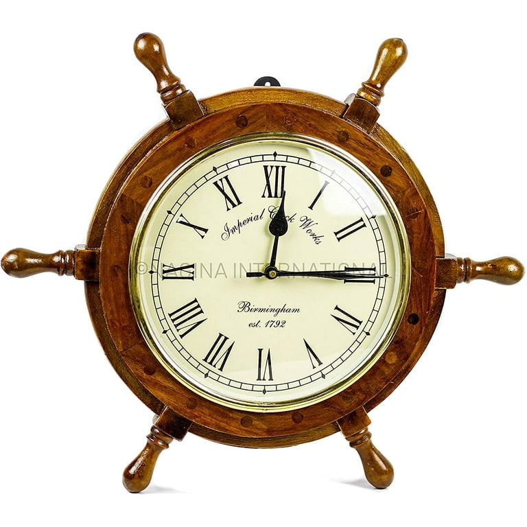 16 Wooden Ship Wheel (8 Clock) - (Yellow Roman Dial) 