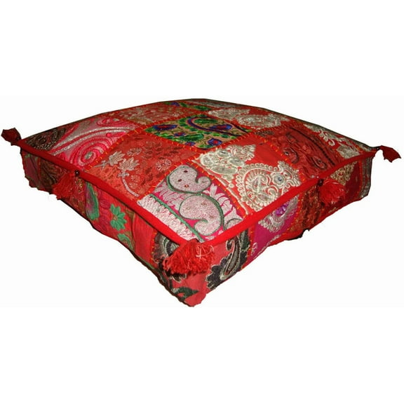 Square Patchwork Indian Pouf Ottoman Cover – 17” Decorative Ethnic Floor Seat Cushion Pillow Case – Boho Embroidered Home Décor
