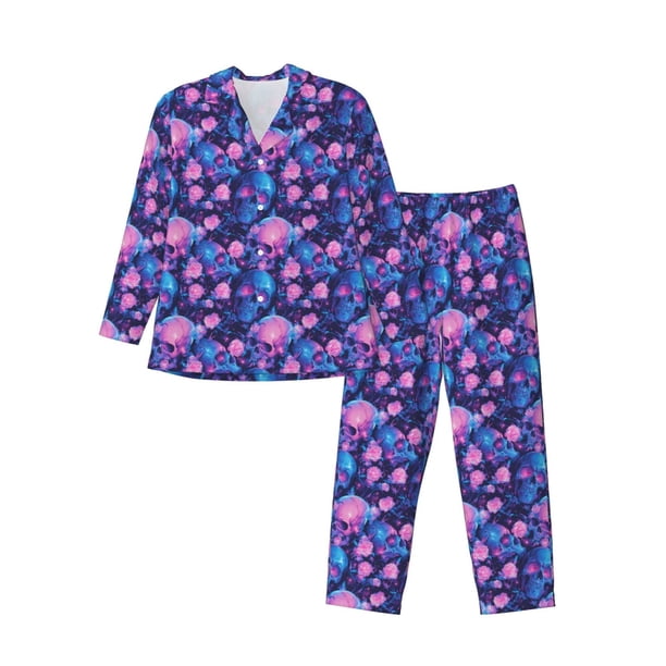 Balery Blue Skull Rose Pijama para Hombre de Dos Piezas con Manga Larga, Conjunto de Dormir y Descanso Suave con Bolsillos-Medium