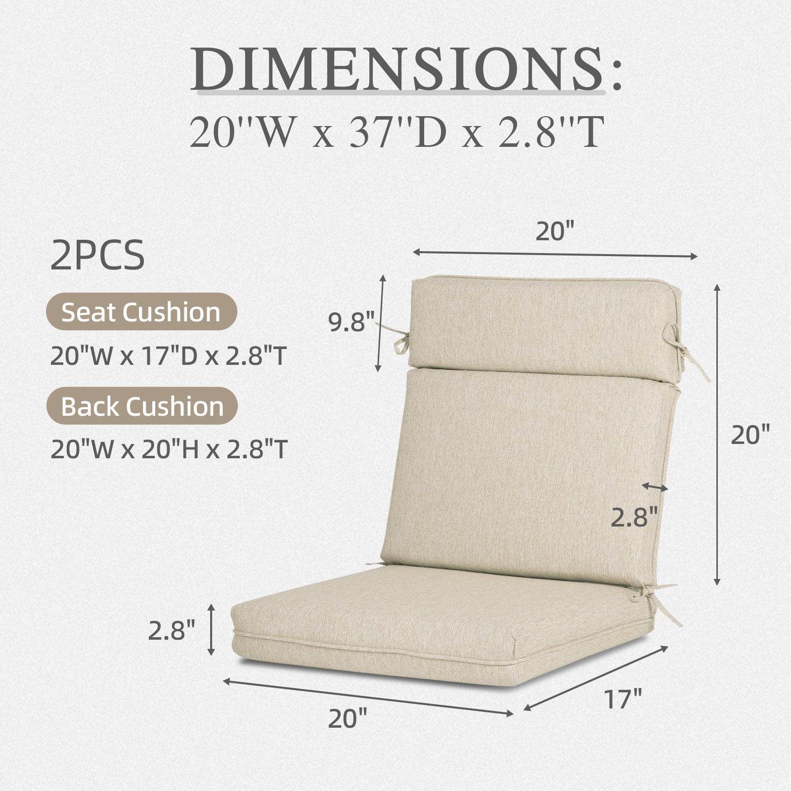 Aoodor High-Back Outdoor Dining Chair Cushion Set, Fade-Resistant Polyester Fabric, Water-Repellent TPU Coating, 37x20x2.8 Inches (Set of 2)