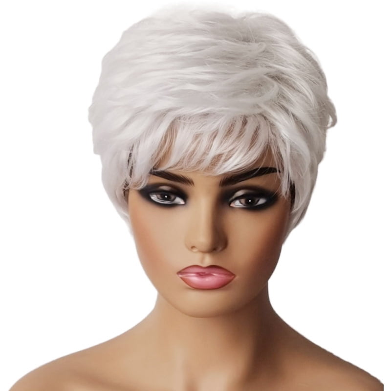 Silver-white short hair wig for elderly women with side-parted bangs and fashionable hairstyle