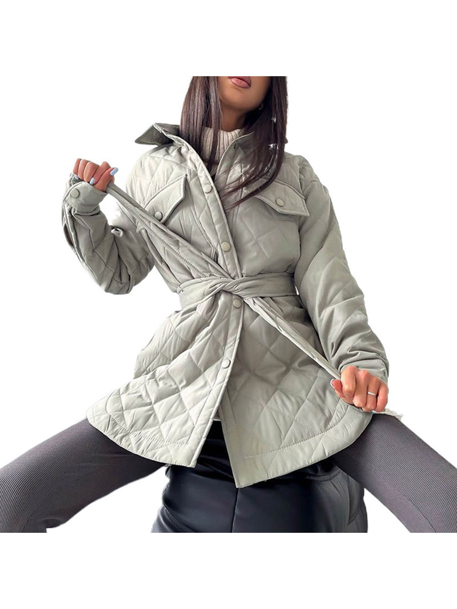 Licupiee Women Quilted Jacket with Belt Lightweight Casual Warm Solid Single Breasted Long Sleeve Outwears Overcoat Streetwear - image 2 of 3