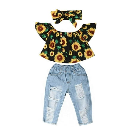 

Bagilaanoe 3pcs Toddler Baby Girl Long Pants Set Sunflower Print Fly Sleeve Cropped Tops + Ripped Jeans Denim Trousers + Headband 6M 12M 18M 24M 3T 4T Kids Casual Outfits