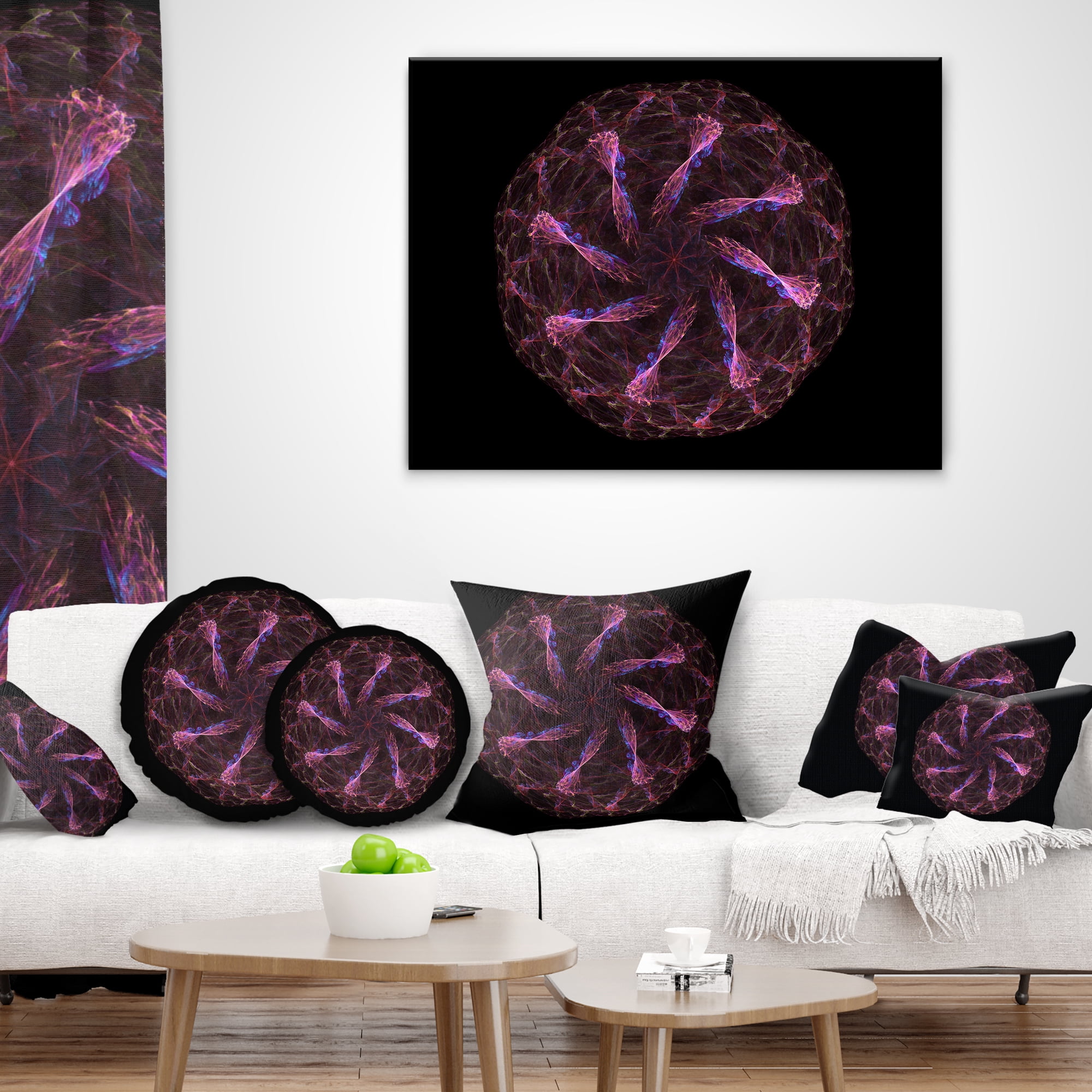 Designart Glowing Purple Radial Fractal Flower Art - Floral Throw Pillow - 12x20