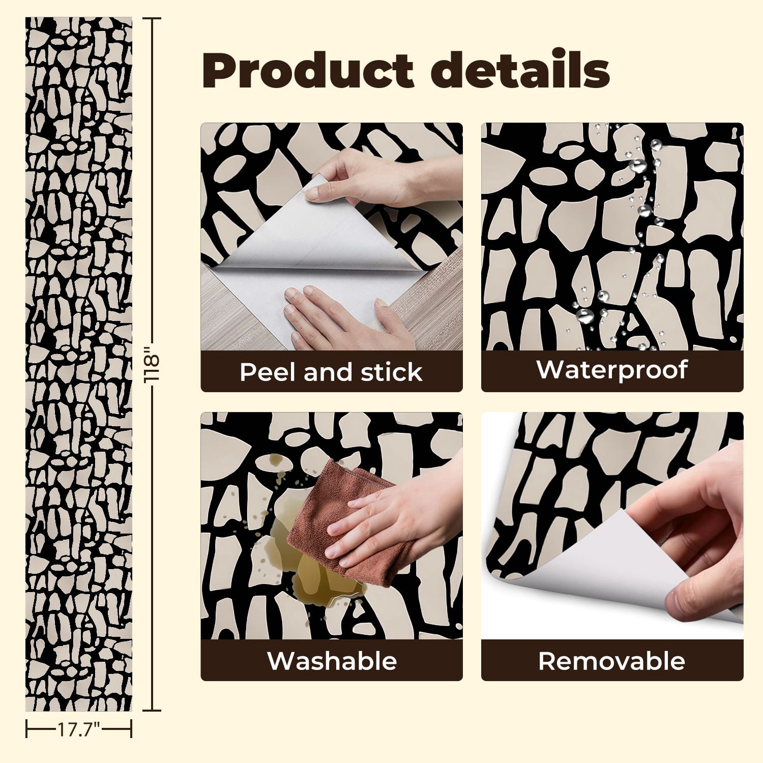 Peel and Stick Wallpaper Abstract Black Beige Fragmented Geometric Wall Mural 17.7in x 9.8ft Self Adhesive Removable Wall Paper Renter Friendly Wallpaper for Nursery Bedroom Cabinets