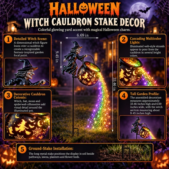Witch and Cauldron Multicolor LED Garden Stake Light with Cascading Web Display for Outdoor Pathway, Yard and Flower Bed Decor